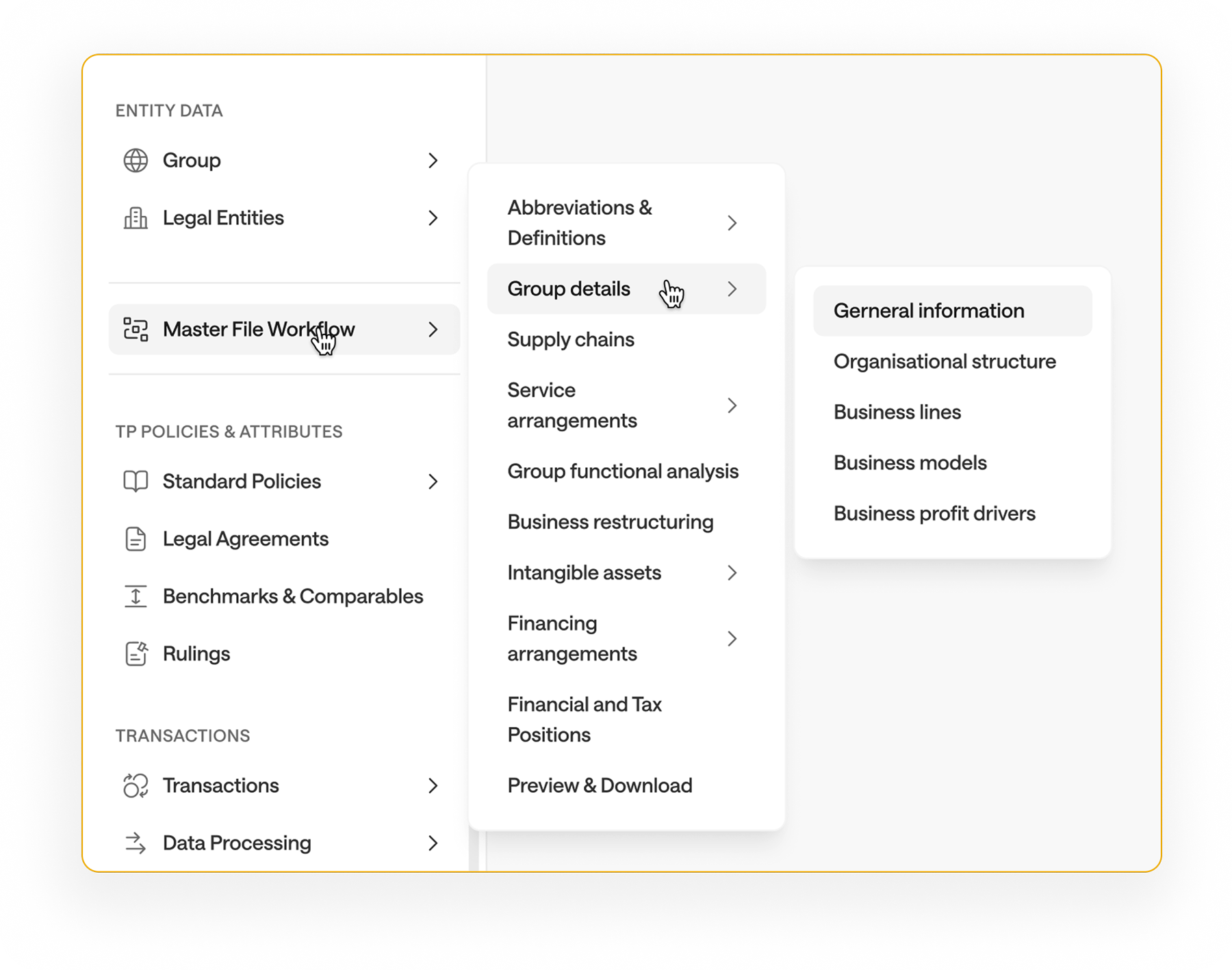 Master File navigation UI — sidebar with Master File Workflow entry
